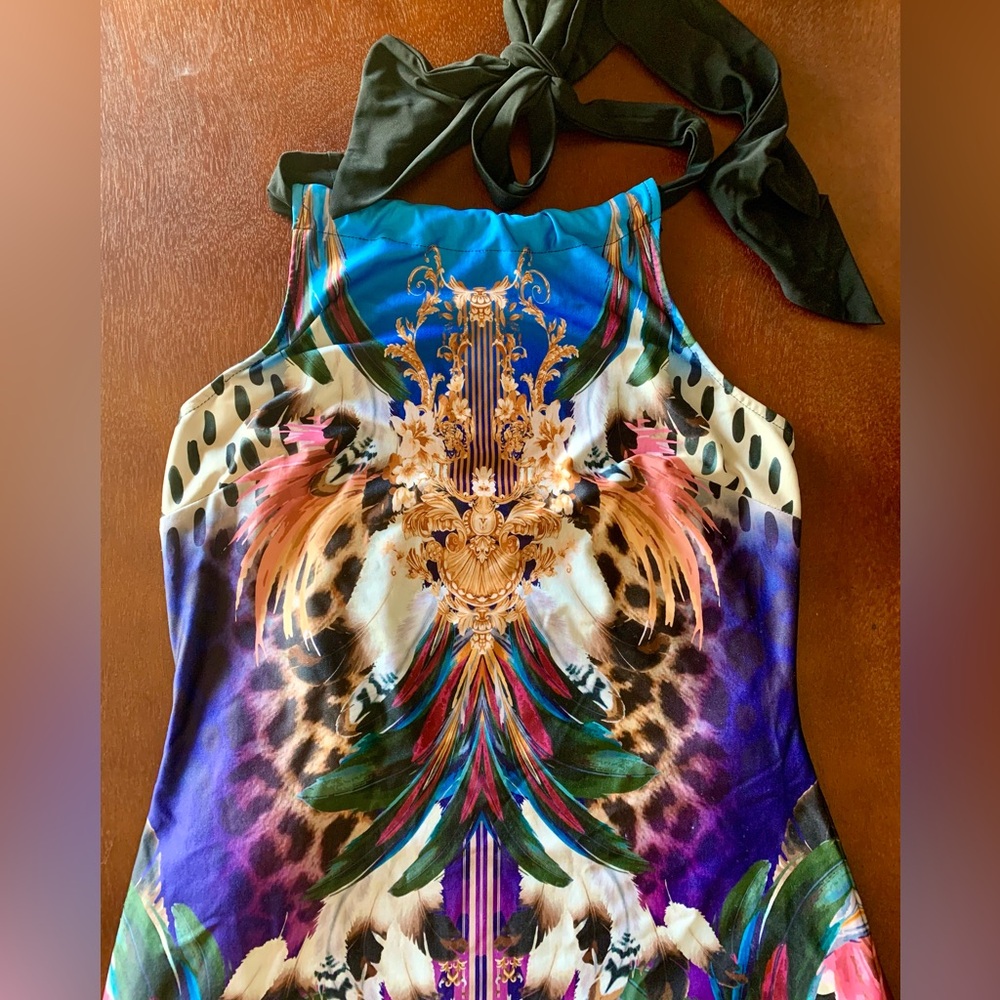 Venus halter maxi-dress with multicolor design and leopard print.